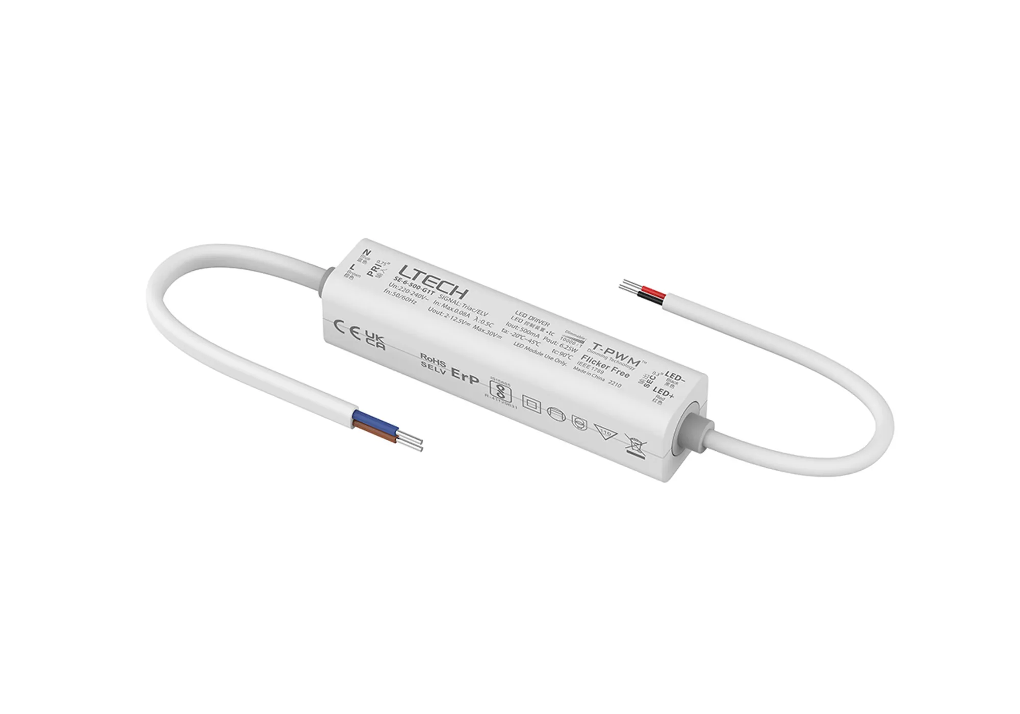 SE-6-500-G1T  Triac/ELV, PWM,6W, C. Current Dimmable Driver, 500mA, DC:2-11.5Vdc, EFF>70%, IP20, 5yrs Warranty.